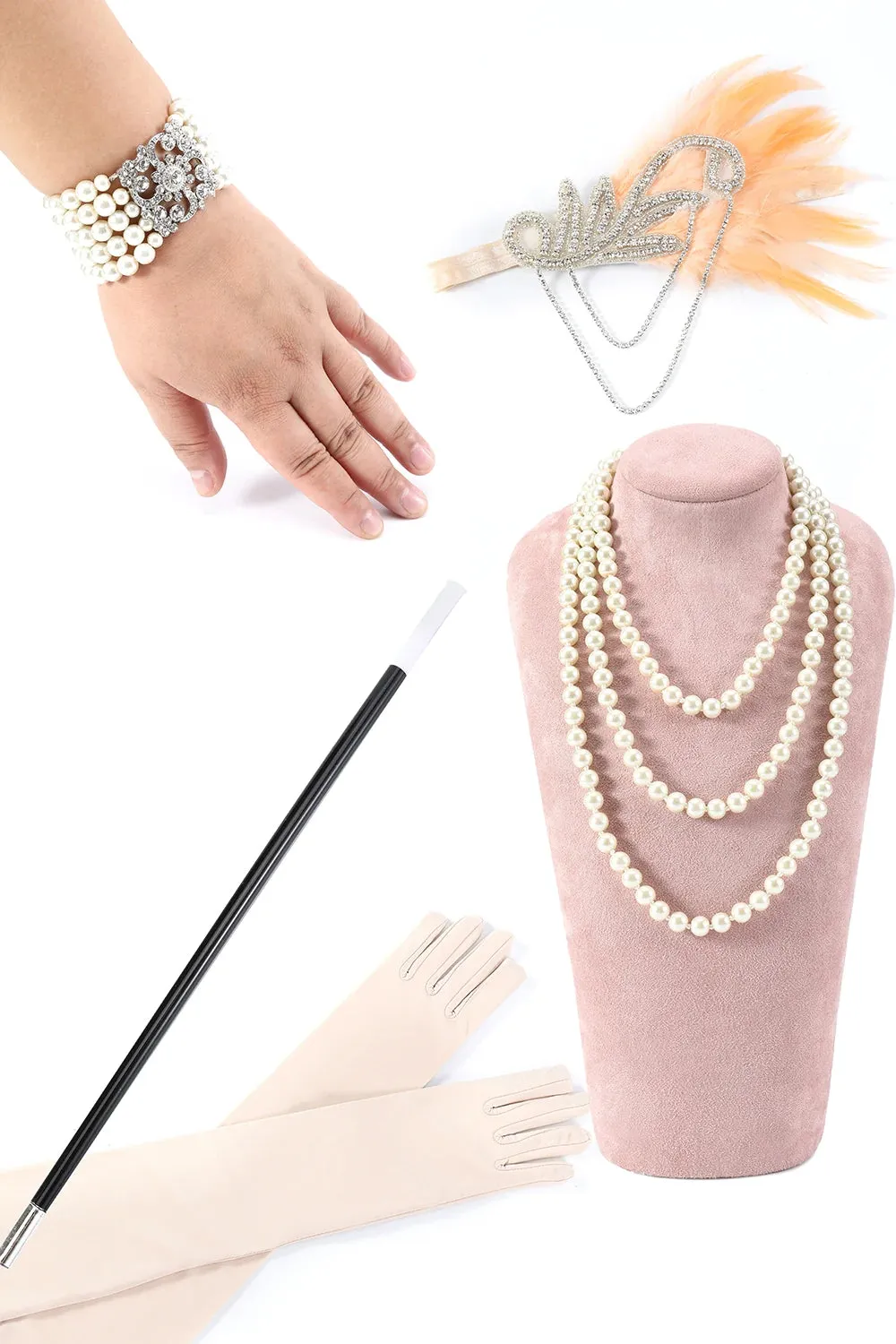 Champagne Cold Shoulder Fringes 1920s Gatsby Dress with 20s Accessories Set sold by Zapaka product image thumbnail 3