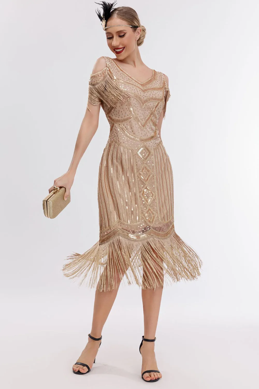 Champagne Cold Shoulder Fringes 1920s Gatsby Dress with 20s Accessories Set sold by Zapaka product image thumbnail 4