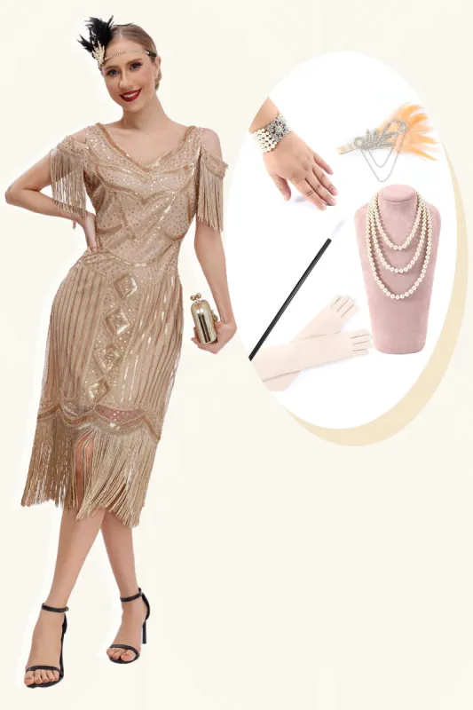 Champagne Cold Shoulder Fringes 1920s Gatsby Dress with 20s Accessories Set sold by Zapaka