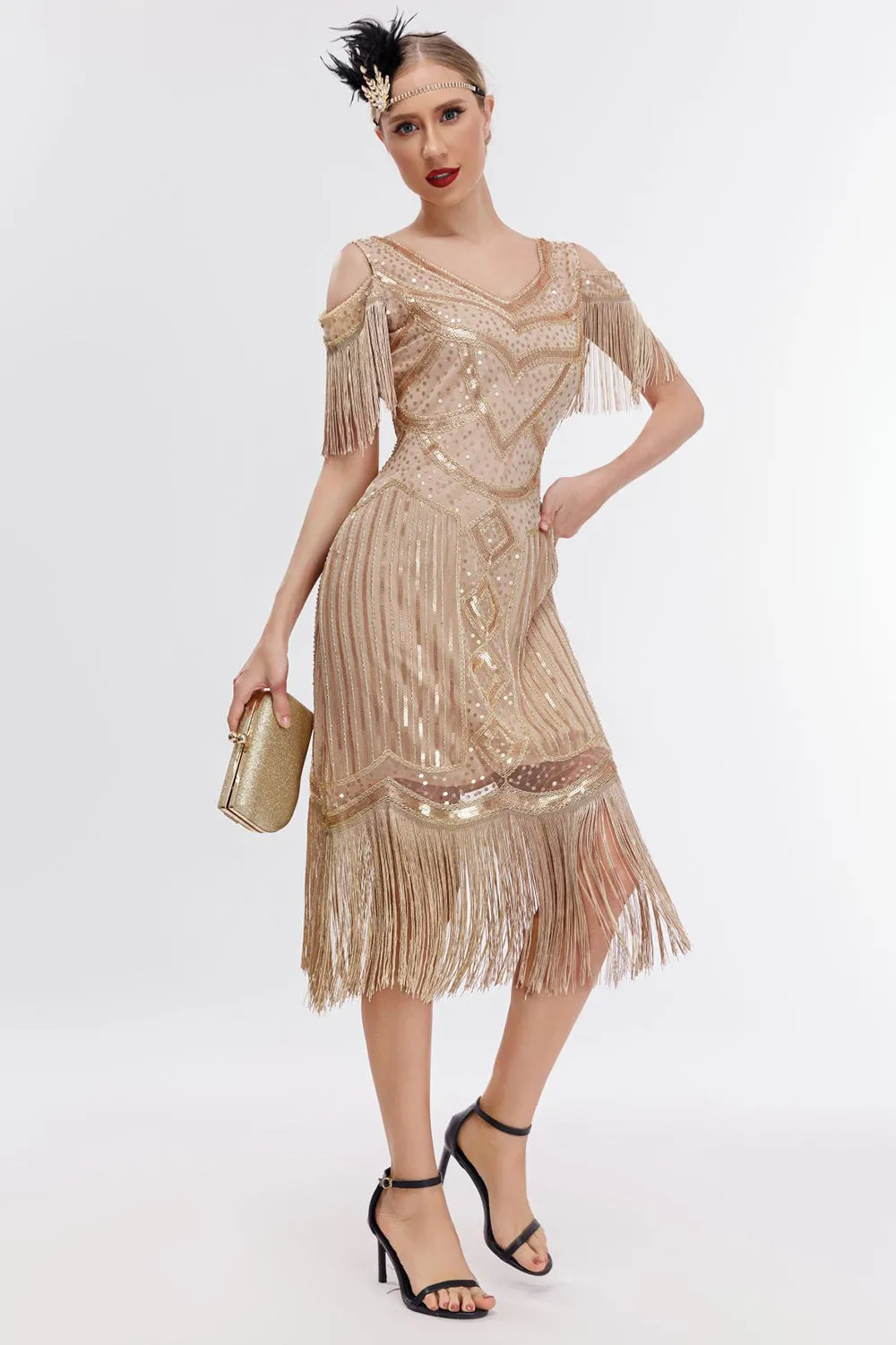 Champagne Cold Shoulder Fringes 1920s Gatsby Dress with 20s Accessories Set sold by Zapaka product image thumbnail 2