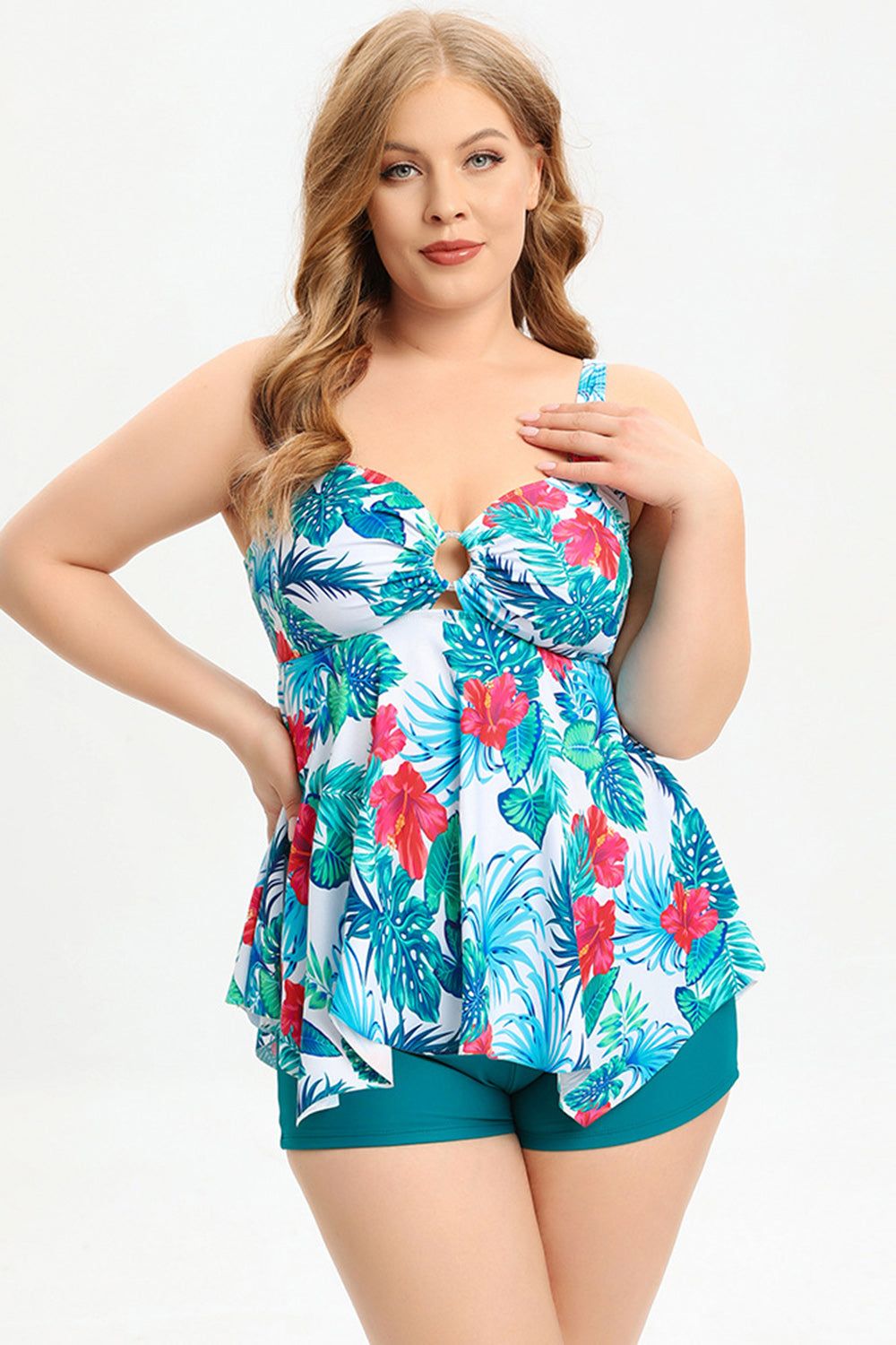 Two Piece Peacock Green Plus Size Swimwear with Boxer sold by Zapaka