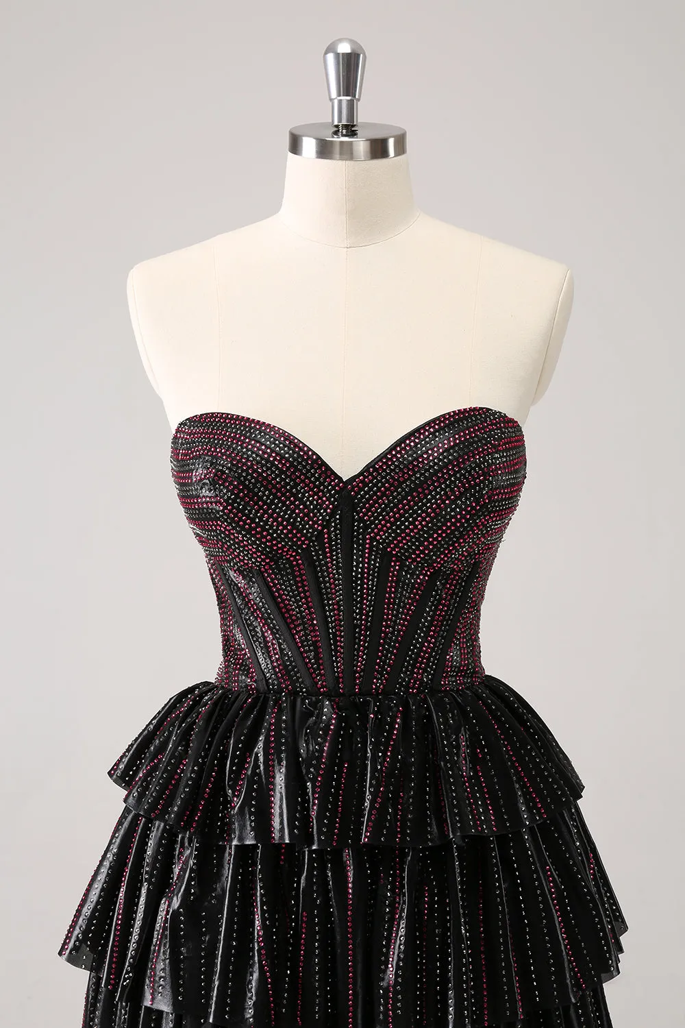 Sparkly Black Pink Sweetheart Tiered Homecoming Dress with Beading sold by Zapaka product image thumbnail 4