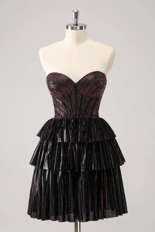 Sparkly Black Pink Sweetheart Tiered Homecoming Dress with Beading sold by Zapaka
