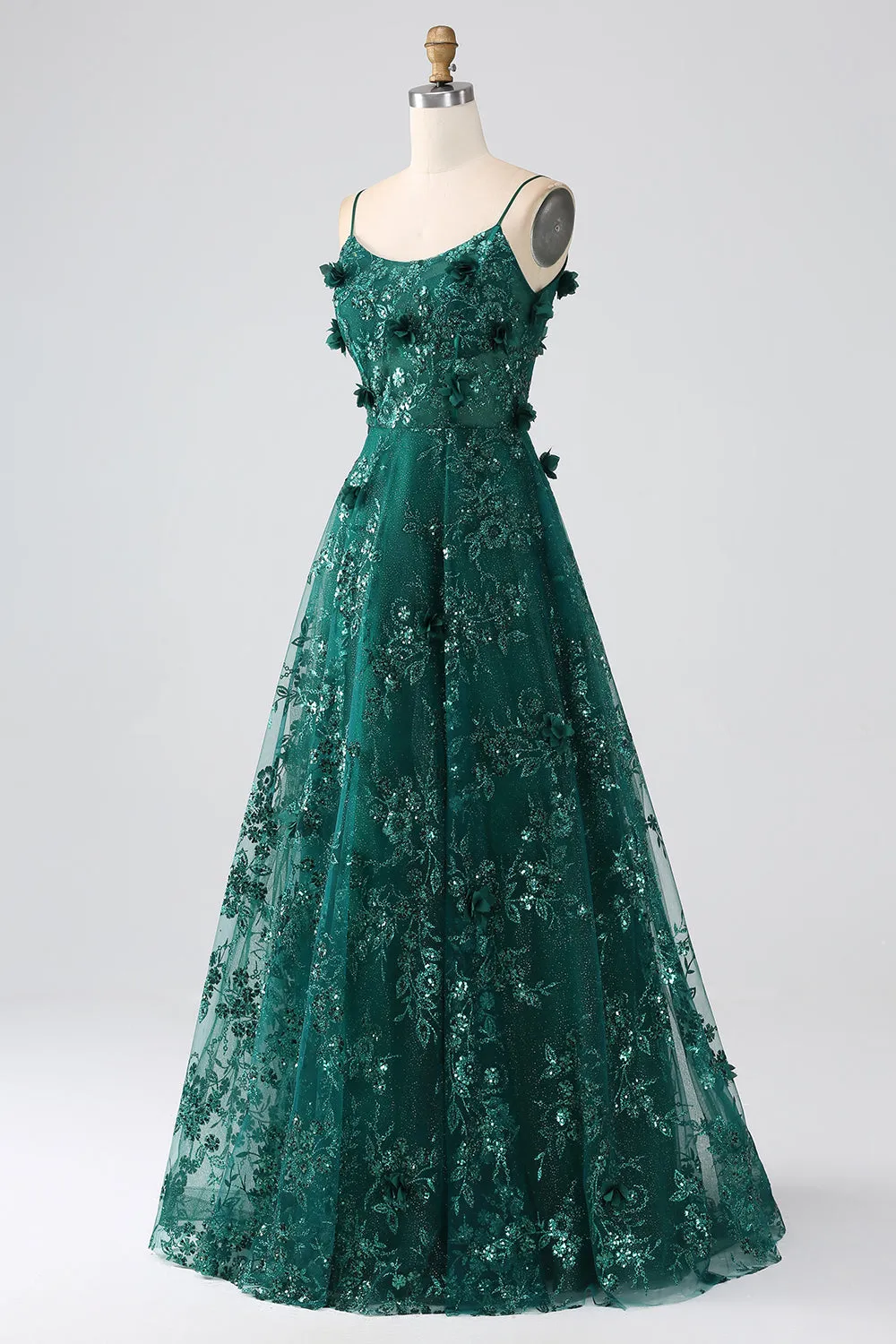 Glitter Dark Green Spaghetti Straps Lace Flower Long Corset Prom Dress sold by Zapaka product image thumbnail 3