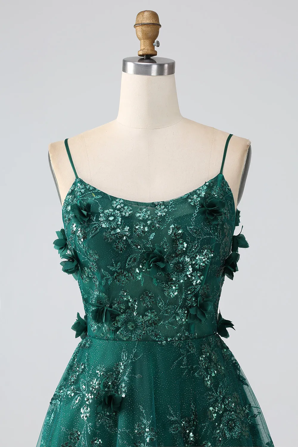 Glitter Dark Green Spaghetti Straps Lace Flower Long Corset Prom Dress sold by Zapaka product image thumbnail 4