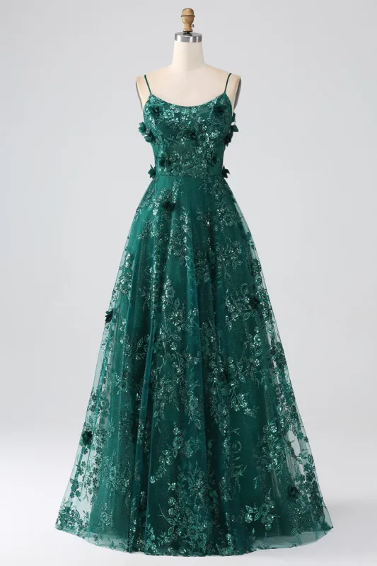 Glitter Dark Green Spaghetti Straps Lace Flower Long Corset Prom Dress sold by Zapaka