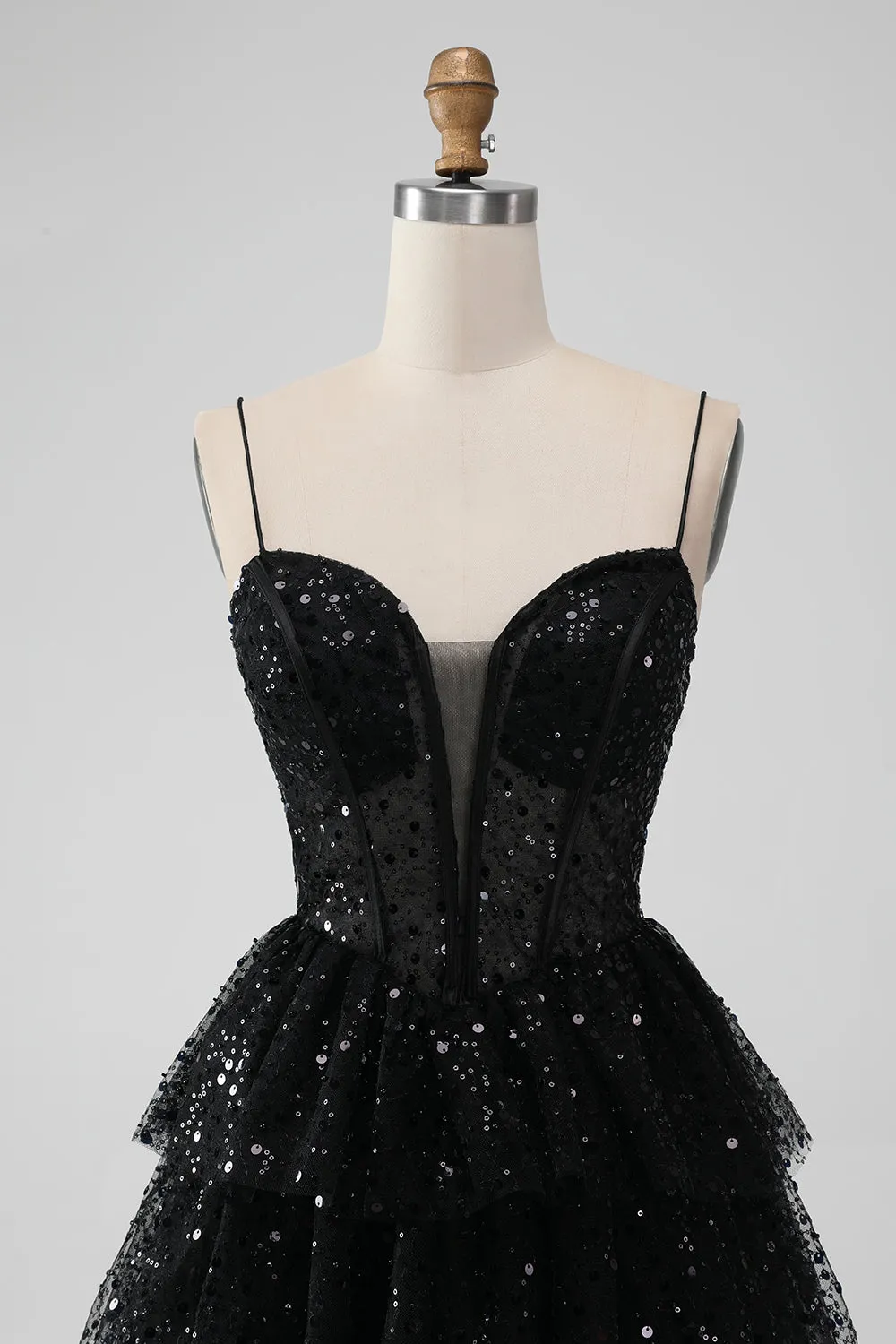 Sparkly Black Spaghetti Straps Tiered Homecoming Dress with Sequins sold by Zapaka product image thumbnail 4