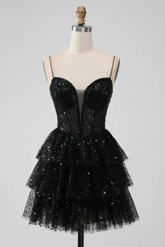 Sparkly Black Spaghetti Straps Tiered Homecoming Dress with Sequins sold by Zapaka