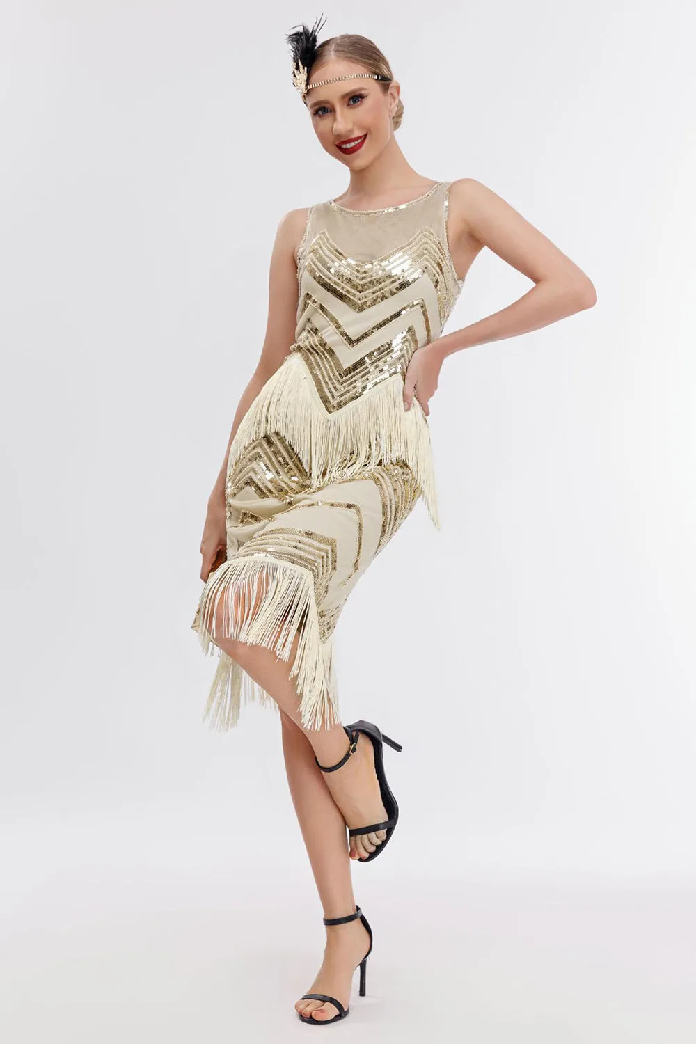 Sparkly Champagne Sequins Fringed 1920s Gatsby Dress sold by Zapaka product image thumbnail 3