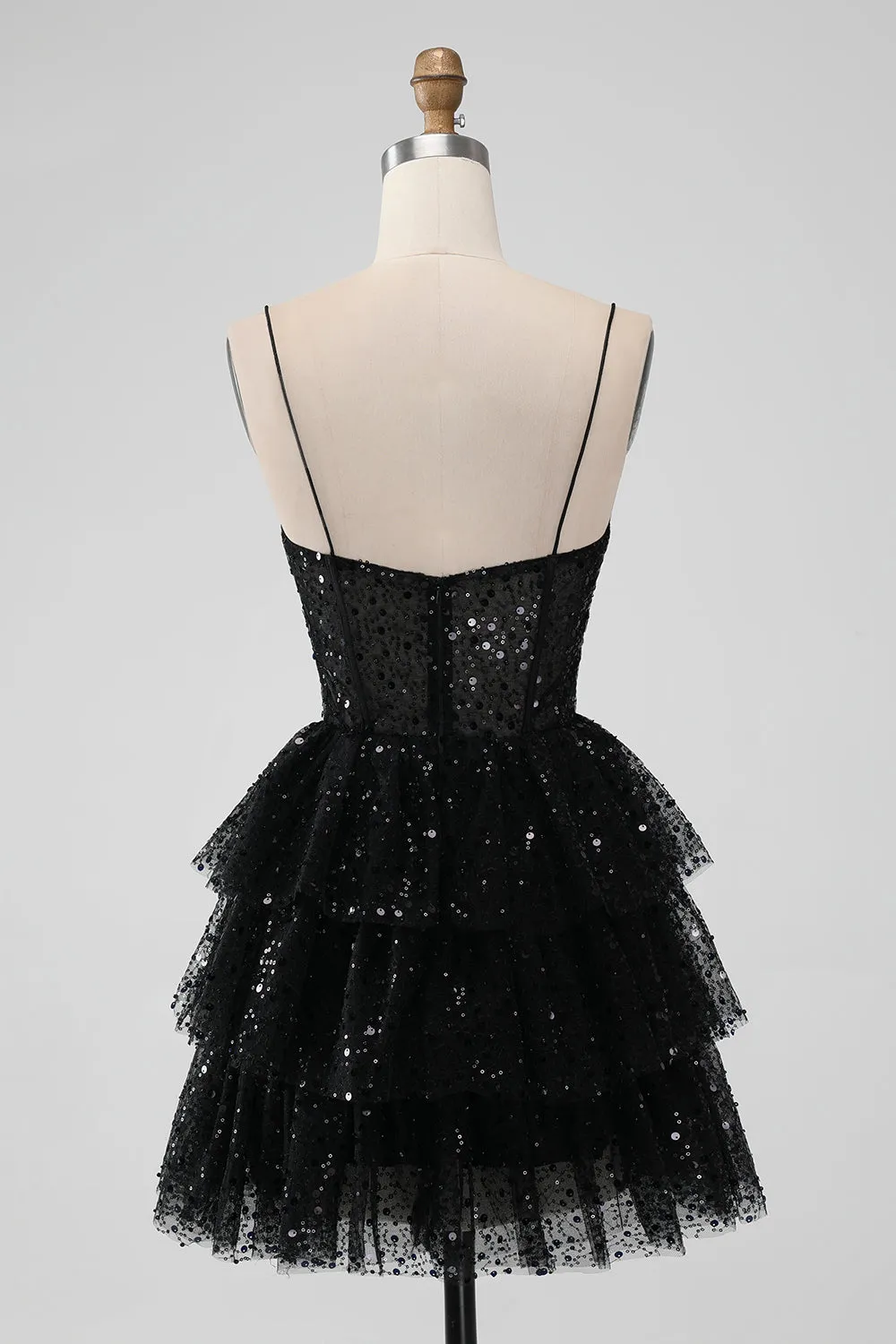 Sparkly Black Spaghetti Straps Tiered Homecoming Dress with Sequins sold by Zapaka product image thumbnail 2