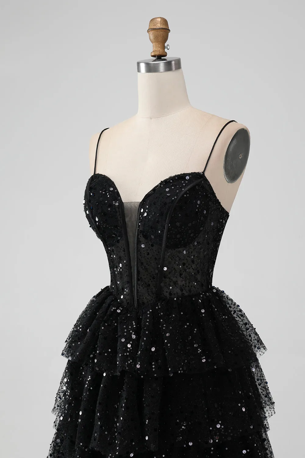Sparkly Black Spaghetti Straps Tiered Homecoming Dress with Sequins sold by Zapaka product image thumbnail 5