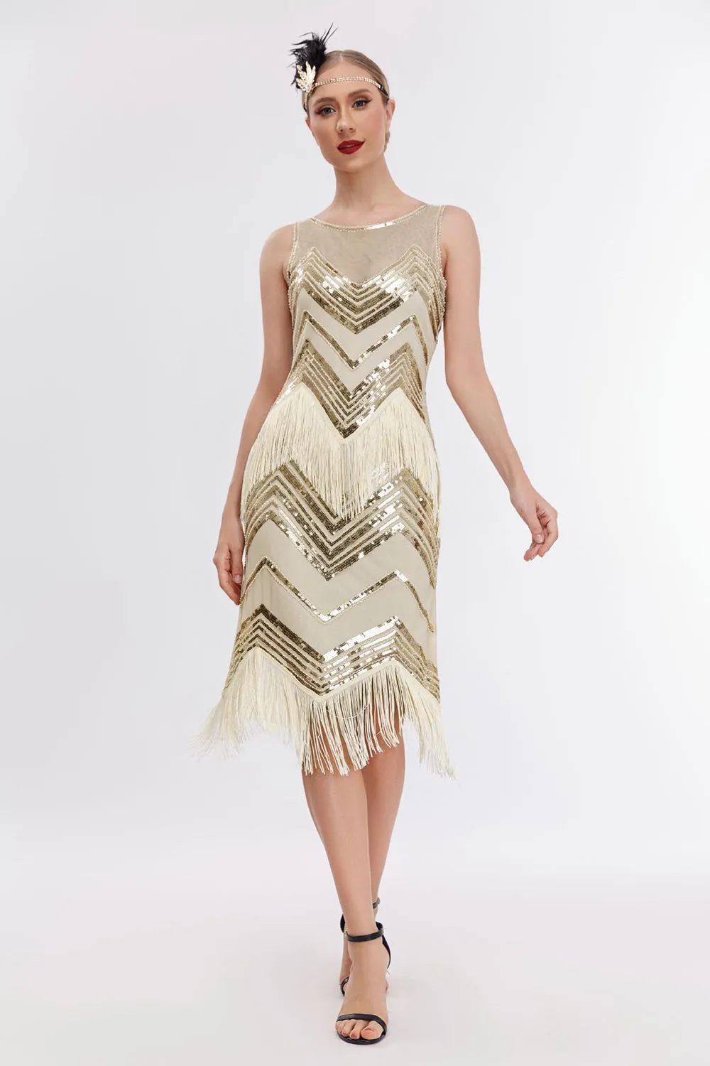 Sparkly Champagne Sequins Fringed 1920s Gatsby Dress sold by Zapaka product image thumbnail 4