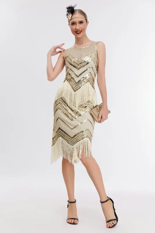 Sparkly Champagne Sequins Fringed 1920s Gatsby Dress sold by Zapaka