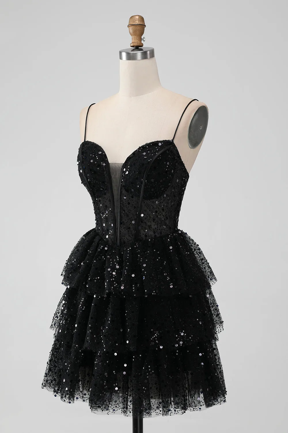 Sparkly Black Spaghetti Straps Tiered Homecoming Dress with Sequins sold by Zapaka product image thumbnail 3