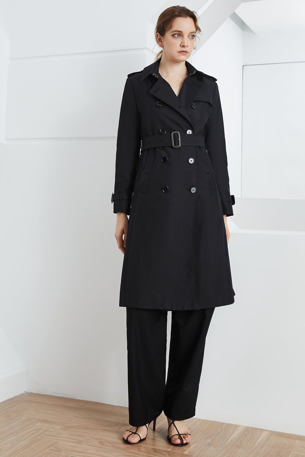 Black Double Breasted Notched Lapel Fitted Long Trench Coat with Belt sold by Zapaka product image thumbnail 5