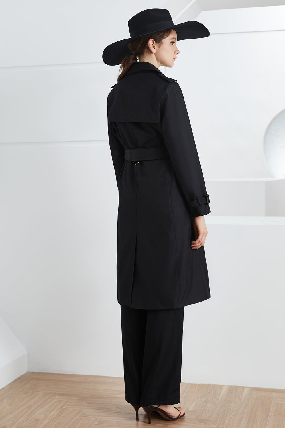 Black Double Breasted Notched Lapel Fitted Long Trench Coat with Belt sold by Zapaka product image thumbnail 2