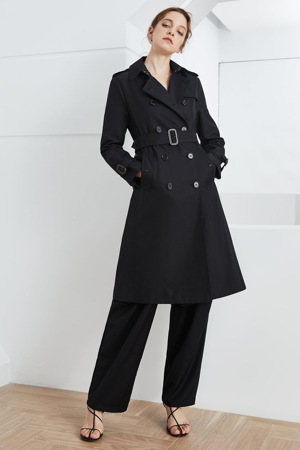 Black Double Breasted Notched Lapel Fitted Long Trench Coat with Belt sold by Zapaka product image thumbnail 4