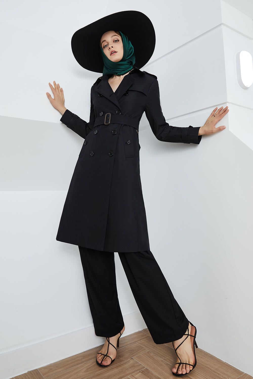 Black Double Breasted Notched Lapel Fitted Long Trench Coat with Belt sold by Zapaka