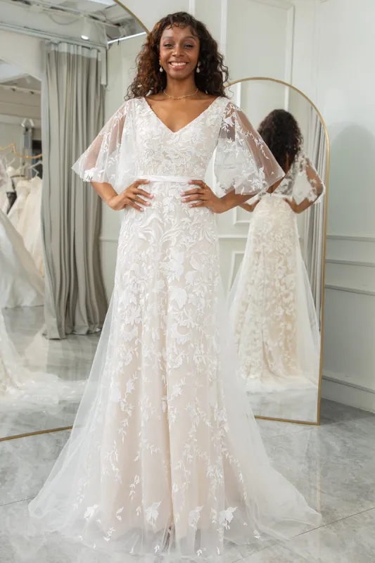 Ivory Batwing Sleeves Lace Sweep Train Wedding Dress sold by Zapaka