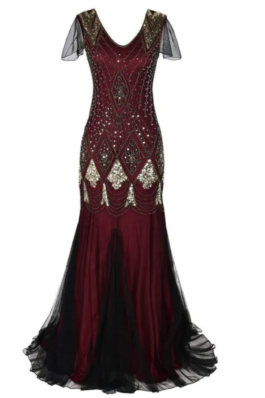 Burgundy 1920s Sequins Flapper Long Dress sold by Zapaka