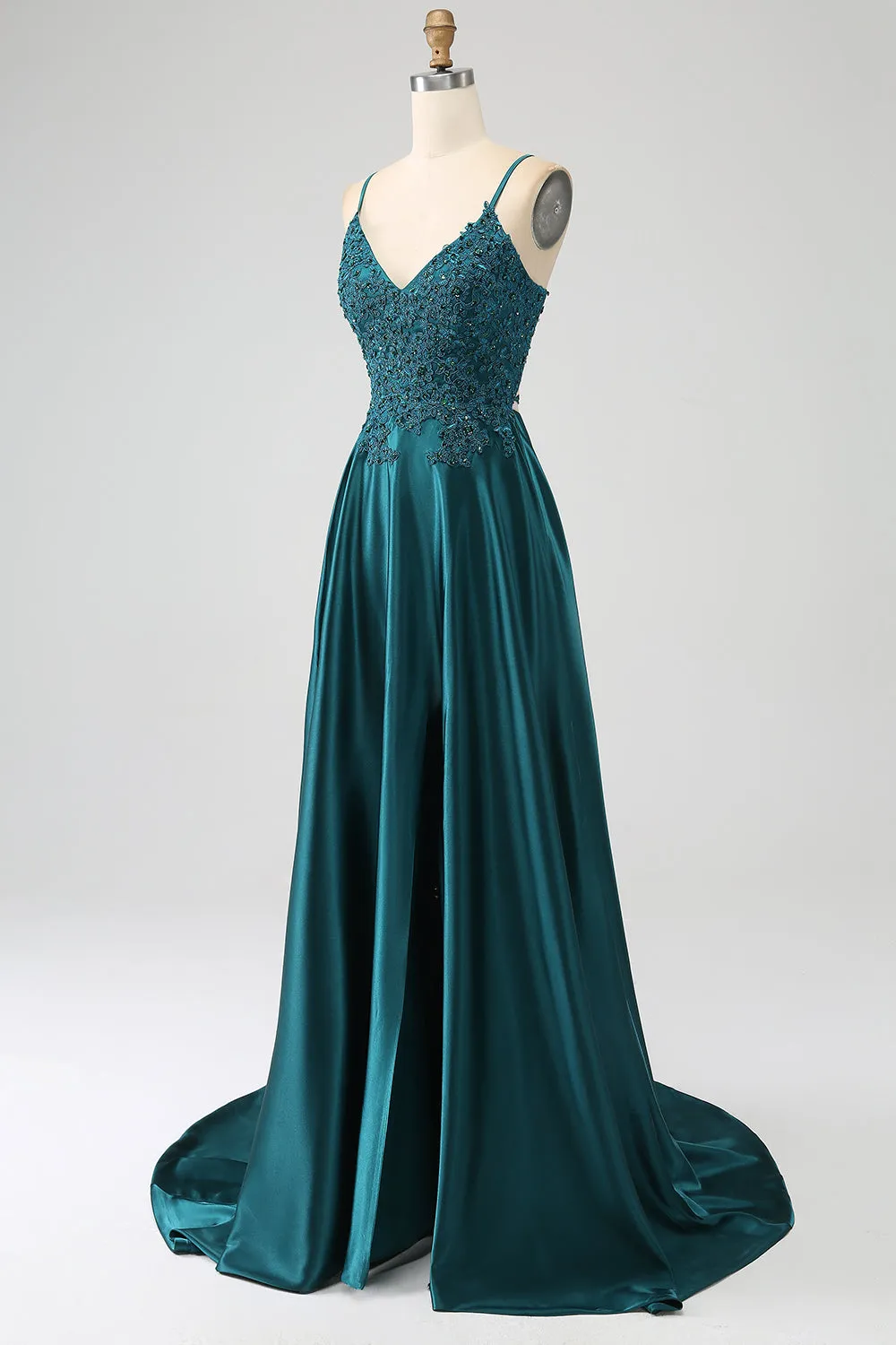 Peacock Green A-Line Spaghetti Straps Long Prom Dress with Slit sold by Zapaka product image thumbnail 3