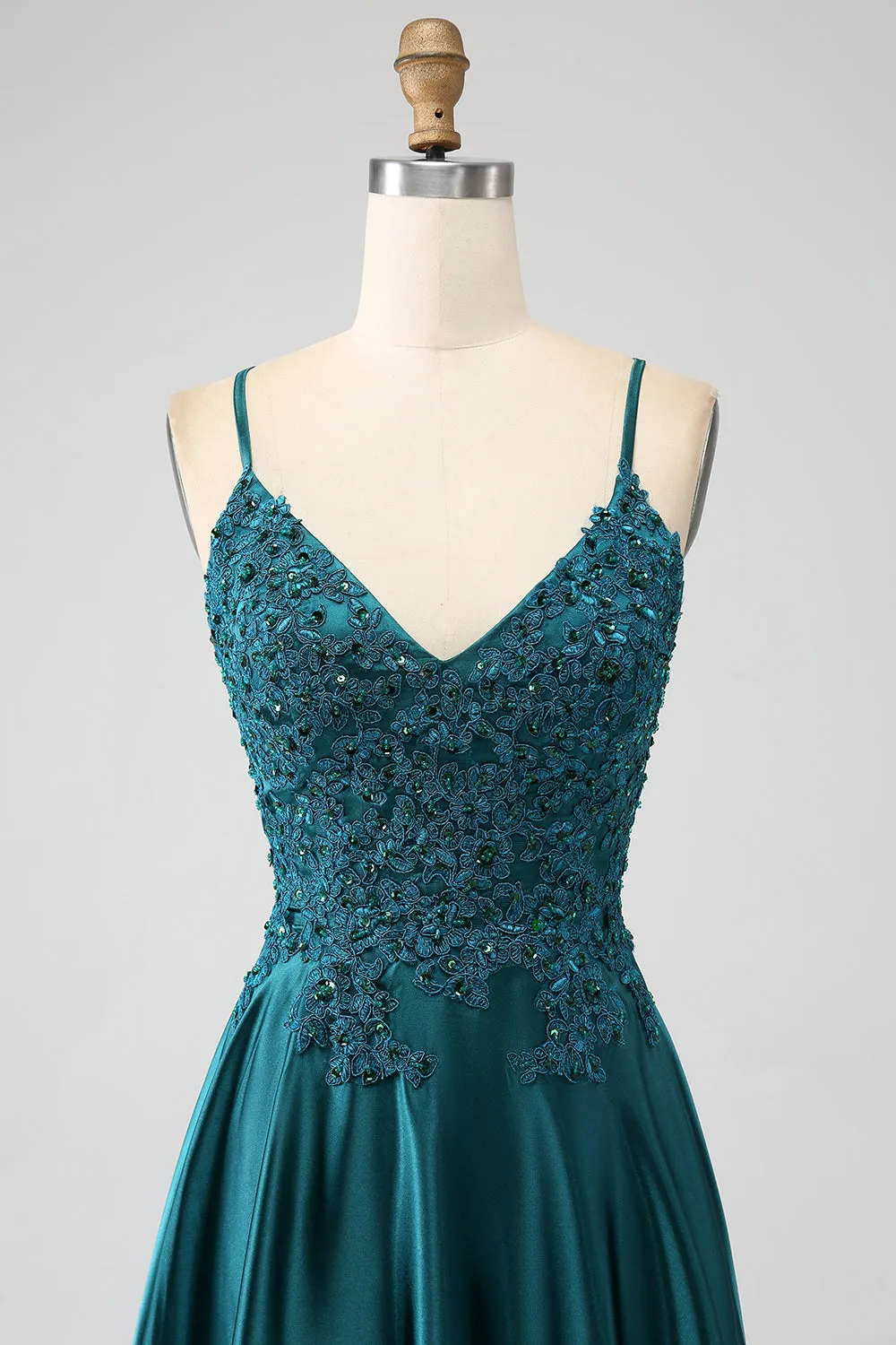 Peacock Green A-Line Spaghetti Straps Long Prom Dress with Slit sold by Zapaka product image thumbnail 4
