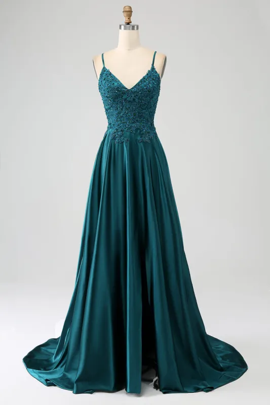 Peacock Green A-Line Spaghetti Straps Long Prom Dress with Slit sold by Zapaka