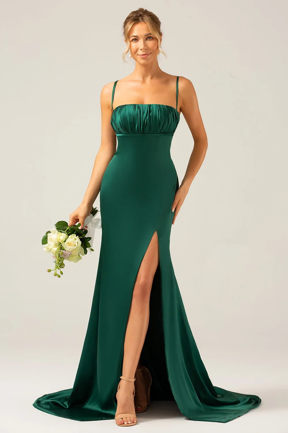 Dark Green Mermaid Spaghetti Straps Satin Long Bridesmaid Dress with Pleated sold by Zapaka product image thumbnail 3