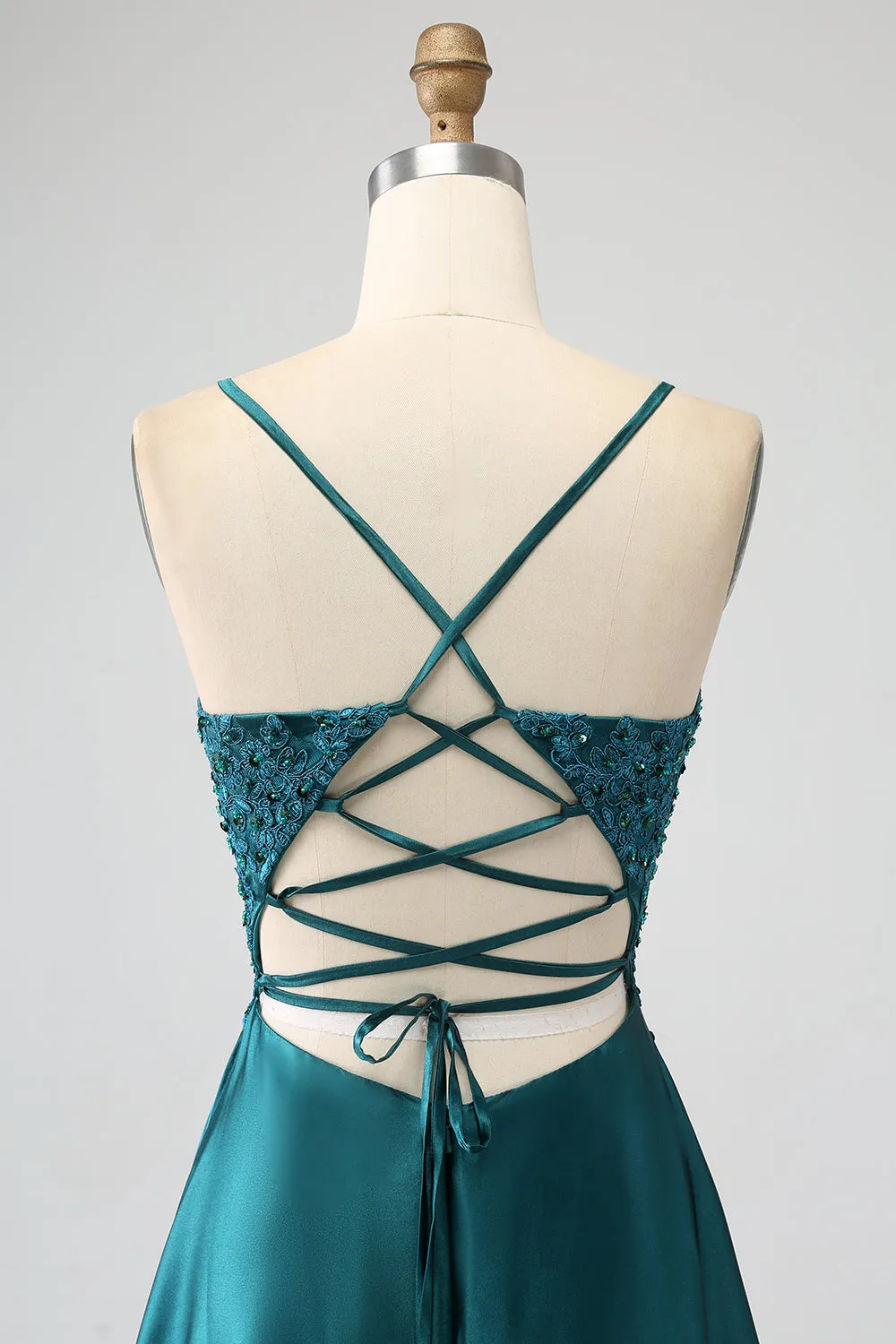 Peacock Green A-Line Spaghetti Straps Long Prom Dress with Slit sold by Zapaka product image thumbnail 5