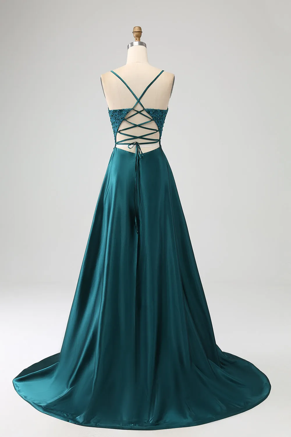 Peacock Green A-Line Spaghetti Straps Long Prom Dress with Slit sold by Zapaka product image thumbnail 2