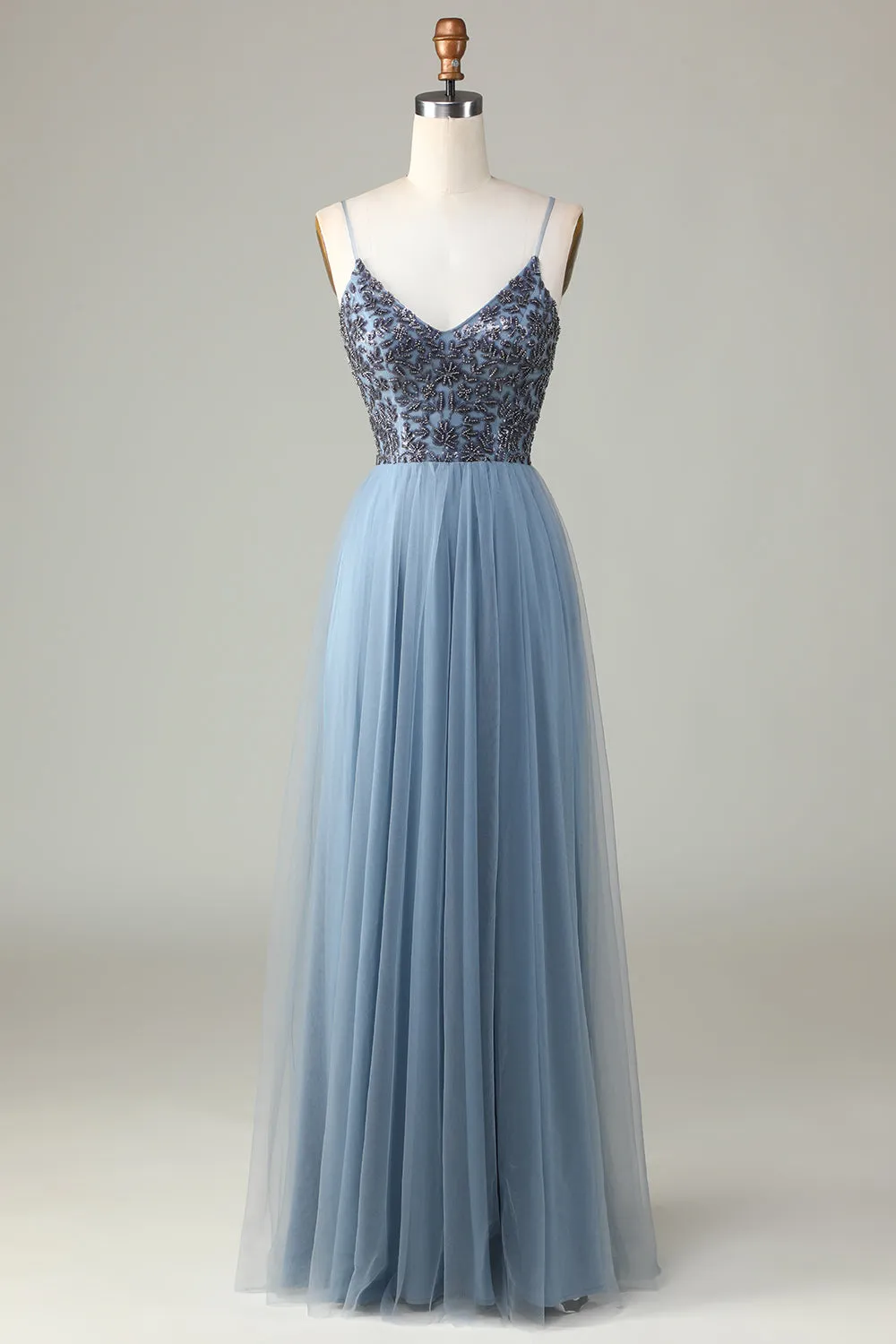 Chic Romantic A Line Spaghetti Straps Dusty Blue Long Bridesmaid Dress with Beading sold by Zapaka product image thumbnail 3