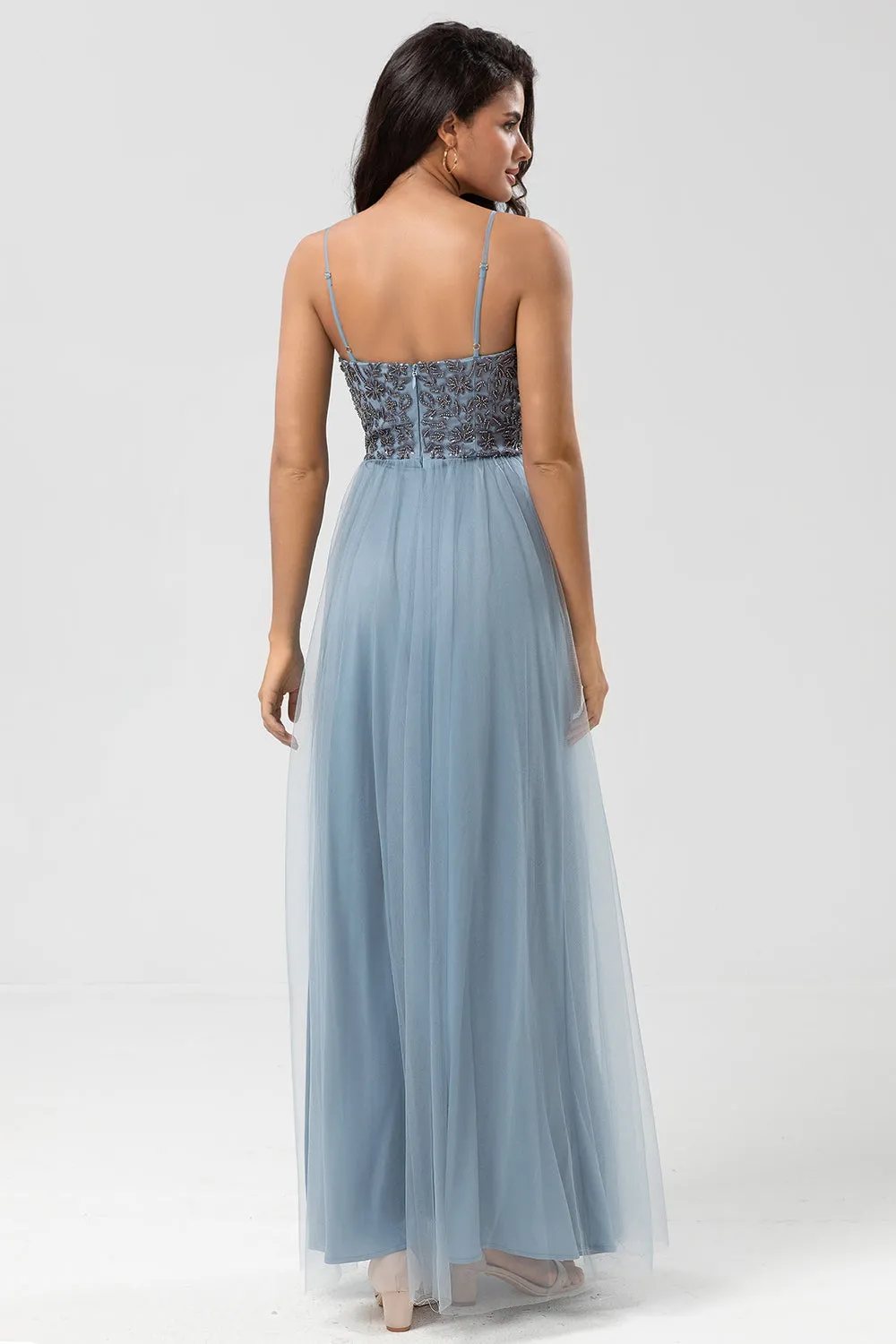 Chic Romantic A Line Spaghetti Straps Dusty Blue Long Bridesmaid Dress with Beading sold by Zapaka product image thumbnail 2
