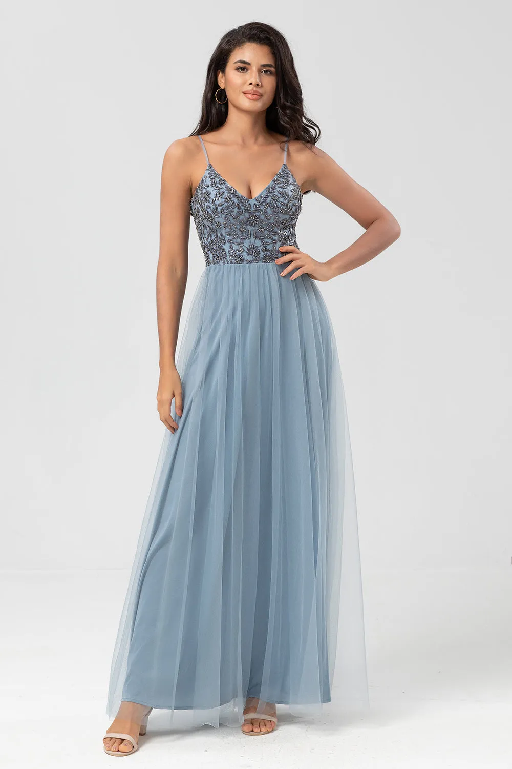 Chic Romantic A Line Spaghetti Straps Dusty Blue Long Bridesmaid Dress with Beading sold by Zapaka