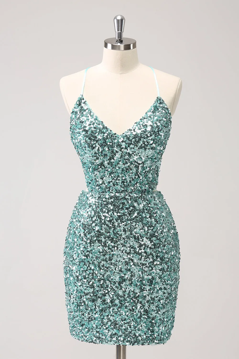 Sparkly Blue Tight Lace-Up Back Homecoming Dress with Slit sold by Zapaka