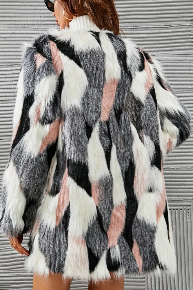 White and Pink Shawl Lapel Midi Faux Fur Shearling Coat sold by Zapaka product image thumbnail 2