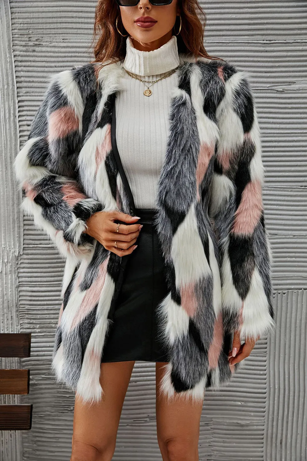 White and Pink Shawl Lapel Midi Faux Fur Shearling Coat sold by Zapaka product image thumbnail 3