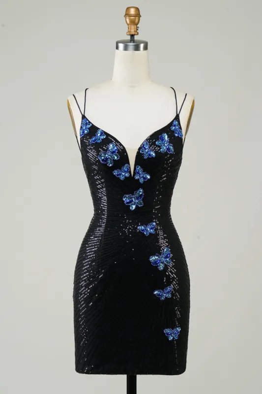 Black Glitter Tight Homecoming Dress with Sequins Butterflies sold by Zapaka