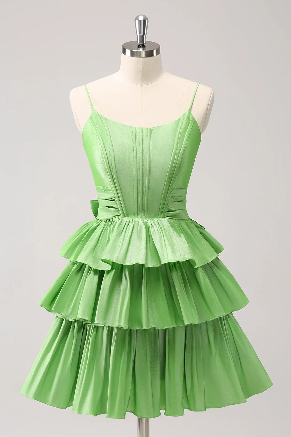 Cute A Line Corset Green Pleated Tiered Short Homecoming Dress with Bows sold by Zapaka