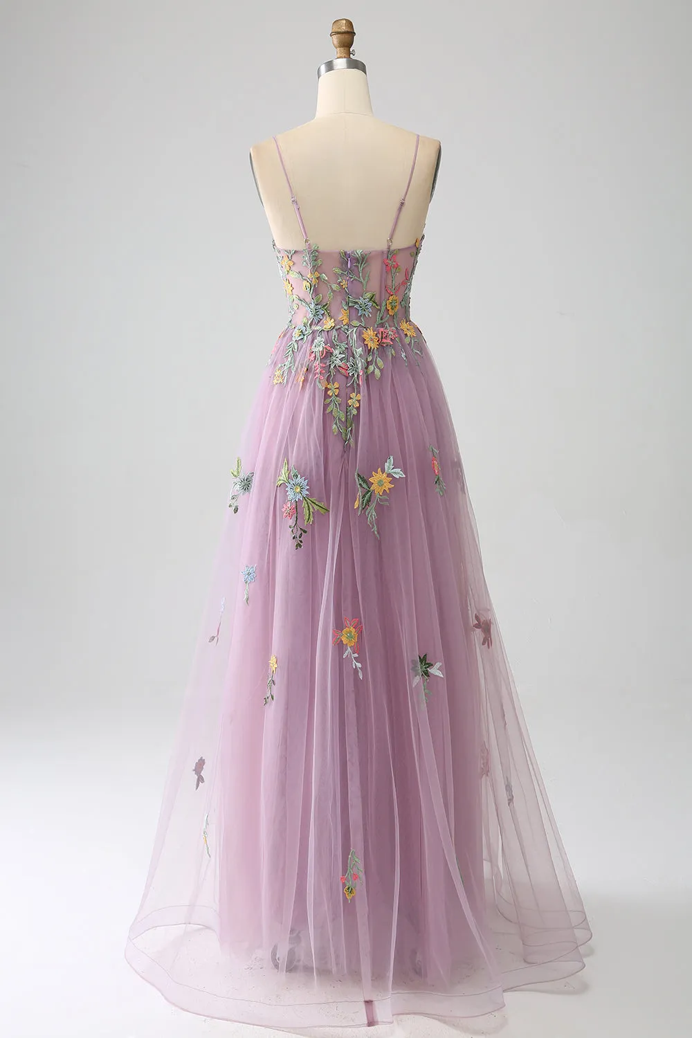 Mauve A-Line Spaghetti Straps Tulle Long Prom Dress With Embroidery sold by Zapaka product image thumbnail 2