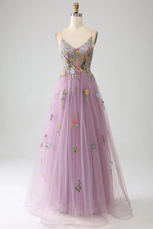 Mauve A-Line Spaghetti Straps Tulle Long Prom Dress With Embroidery sold by Zapaka