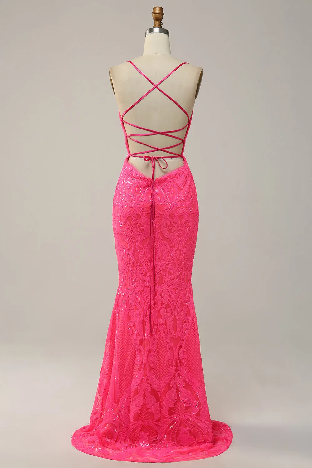Mermaid Spaghetti Straps Sequined Hot Pink Long Prom Dress sold by Zapaka product image thumbnail 2