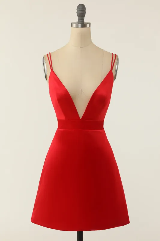 Red Satin V-neck Cocktail Dress sold by Zapaka