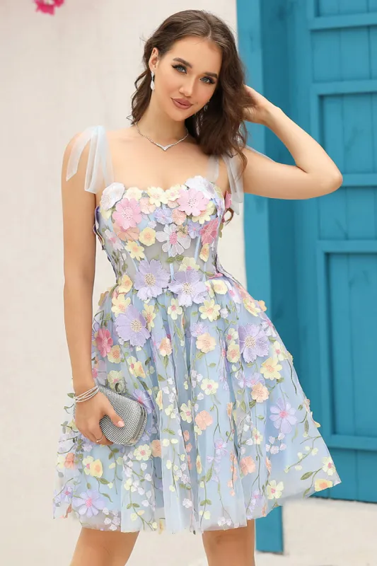 Blue Corset A-Line Short Homecoming Dress with 3D Flowers sold by Zapaka