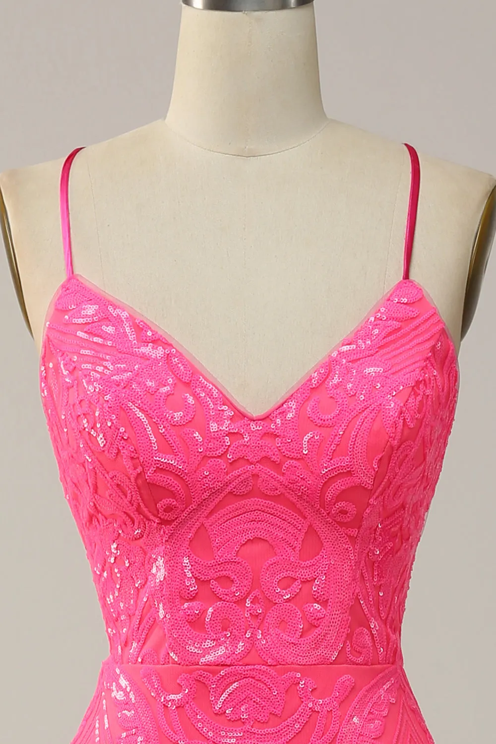 Mermaid Spaghetti Straps Sequined Hot Pink Long Prom Dress sold by Zapaka product image thumbnail 4