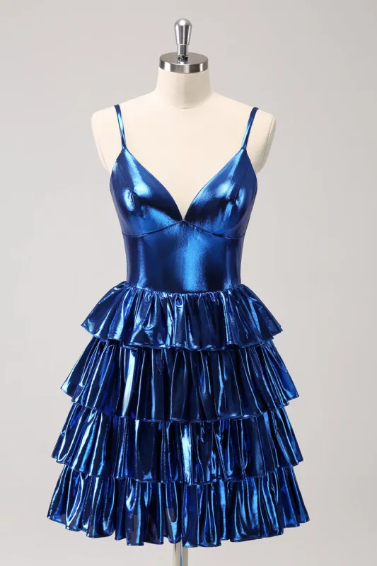 Ink Blue Spaghetti Straps A Line Tiered Short Homecoming Dress sold by Zapaka