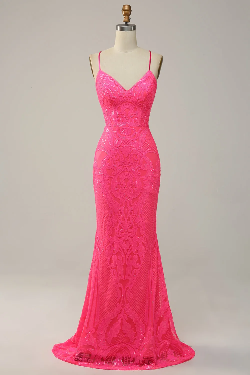 Mermaid Spaghetti Straps Sequined Hot Pink Long Prom Dress sold by Zapaka