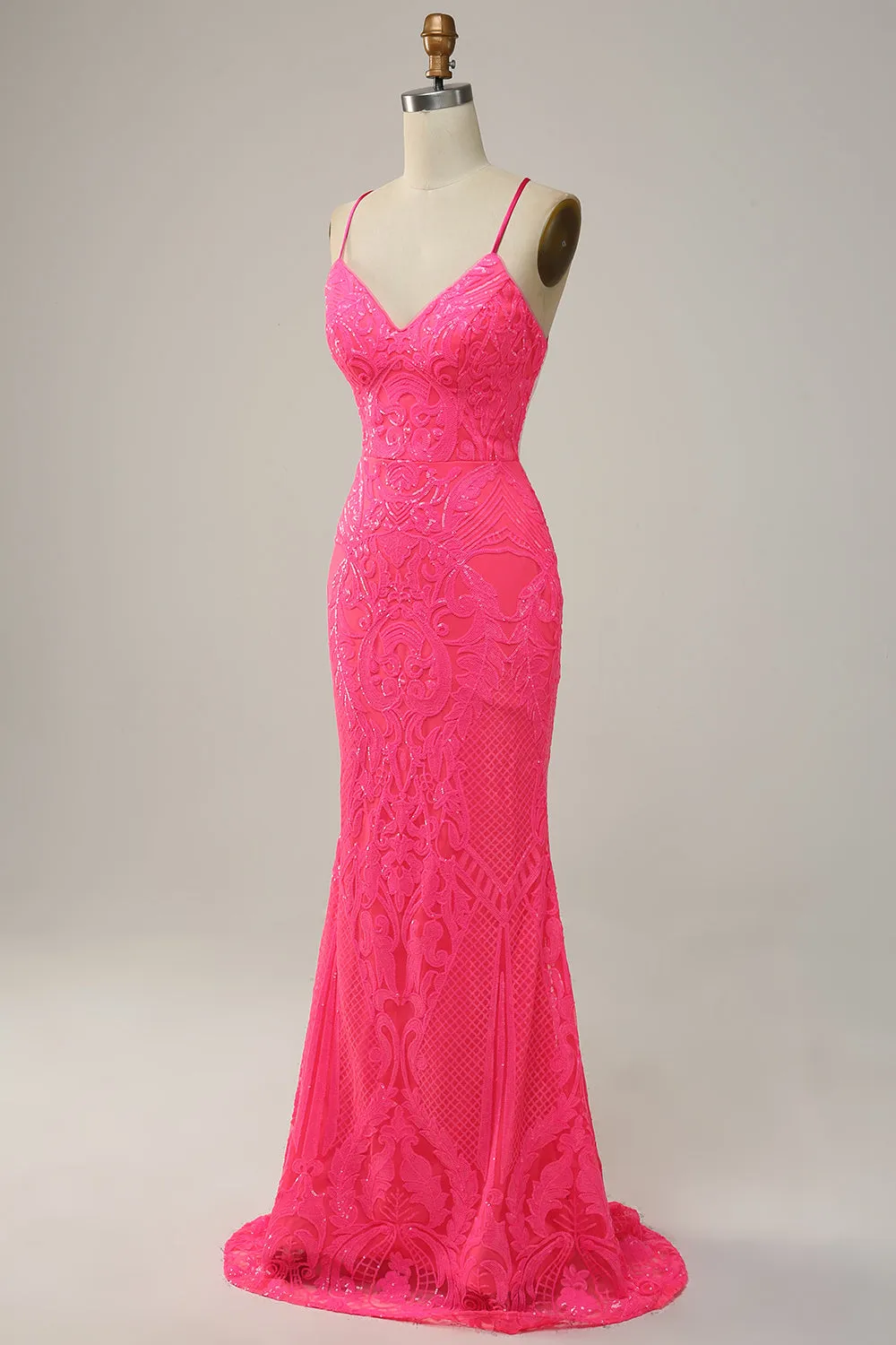 Mermaid Spaghetti Straps Sequined Hot Pink Long Prom Dress sold by Zapaka product image thumbnail 3