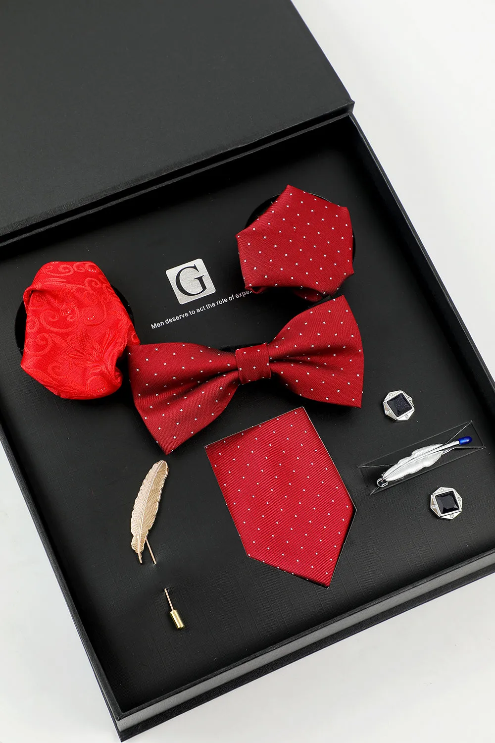 Red Men's Accessory Set Tie and Bow Tie Two Pocket Square Lapel Pin Tie Clip Cufflinks sold by Zapaka