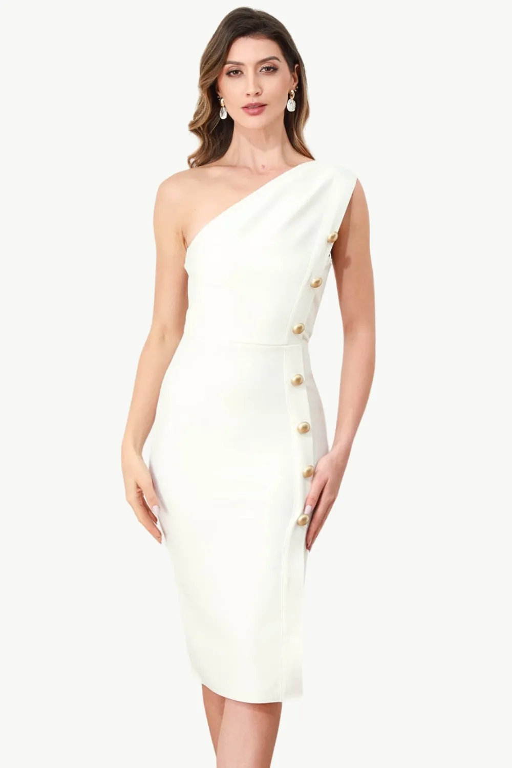 One Shoulder White Bodycon Dress with Buttons sold by Zapaka
