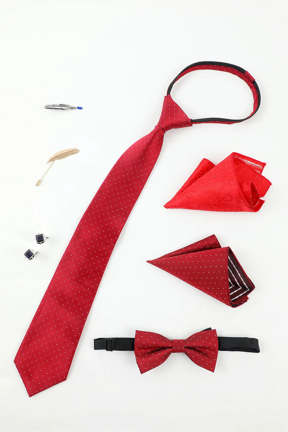 Red Men's Accessory Set Tie and Bow Tie Two Pocket Square Lapel Pin Tie Clip Cufflinks sold by Zapaka product image thumbnail 2